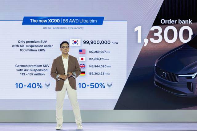 이윤모 볼보자동차코리아 대표가 2일 서울 광진구 그랜드워커힐에서 열린 XC90·S90 출시 행사에서 가격 등을 설명하고 있다. 볼보자동차코리아 제공