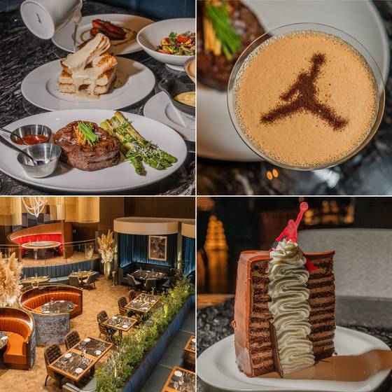 (왼쪽 위부터 차례대로) ①대표 메뉴 델모니코 스테이크와 블루 치즈를 곁들인 마늘빵. ②'에어 에스프레소 마티니'. 시나몬 가루로 에어조던 심볼을 연출한다. ③사진 왼쪽 위 1.5층의 빨간색 자리가 23번 테이블이다. ④'23 레이어 케이크'. 백종현 기자
