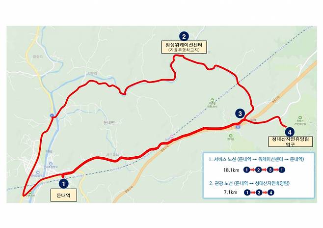 횡성 자율주행자동차 시범운행지구 노선도. 횡성군 제공