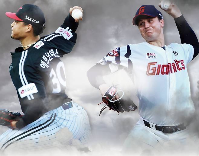 LG 에르난데스(왼쪽)와 롯데 데이비슨. 연합뉴스