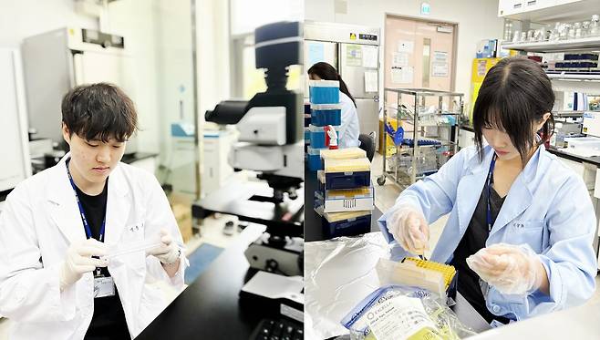 호남대 반려동물산업학과 노윤호, 이서영 학생이 DGIST 인턴십 프로그램에 참여하고 있다(호남대 제공). ⓒ 뉴스1