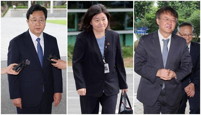 신임 지검장에 임명된 정진우 서울중앙지검장(왼쪽부터), 임은정 서울동부지검장, 김태훈 서울남부지검장이 4일 첫 출근을 하고 있다. 연합뉴스