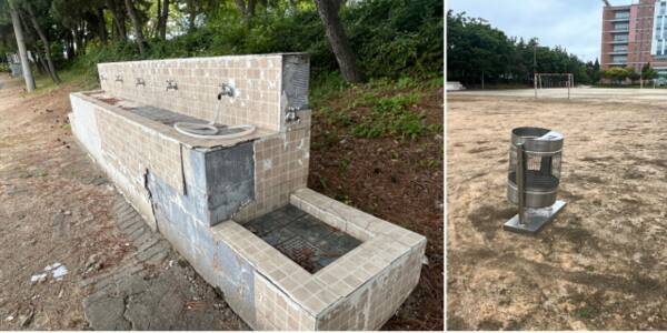 경기과학기술대학교 1캠퍼스 운동장에 설치된 수도시설물과 운동장 한 가운에 놓여 있는 쓰레기통이 폐교를 방불케하고 있다. 김형수기자