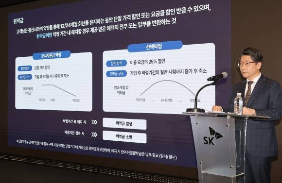 ‘위약금 면제’ 설명하는 임봉호 이동통신 사업부장 - 임봉호 이동통신(MNO) 사업부장이 정부의 해킹 사태 관련 최종 조사 결과가 발표된 4일 서울 중구 SKT타워에서 열린 해킹 사태 관련 입장 및 향후 계획 발표 기자회견에서 위약금 면제에 관해 설명하고 있다. 2025.7.4 연합뉴스