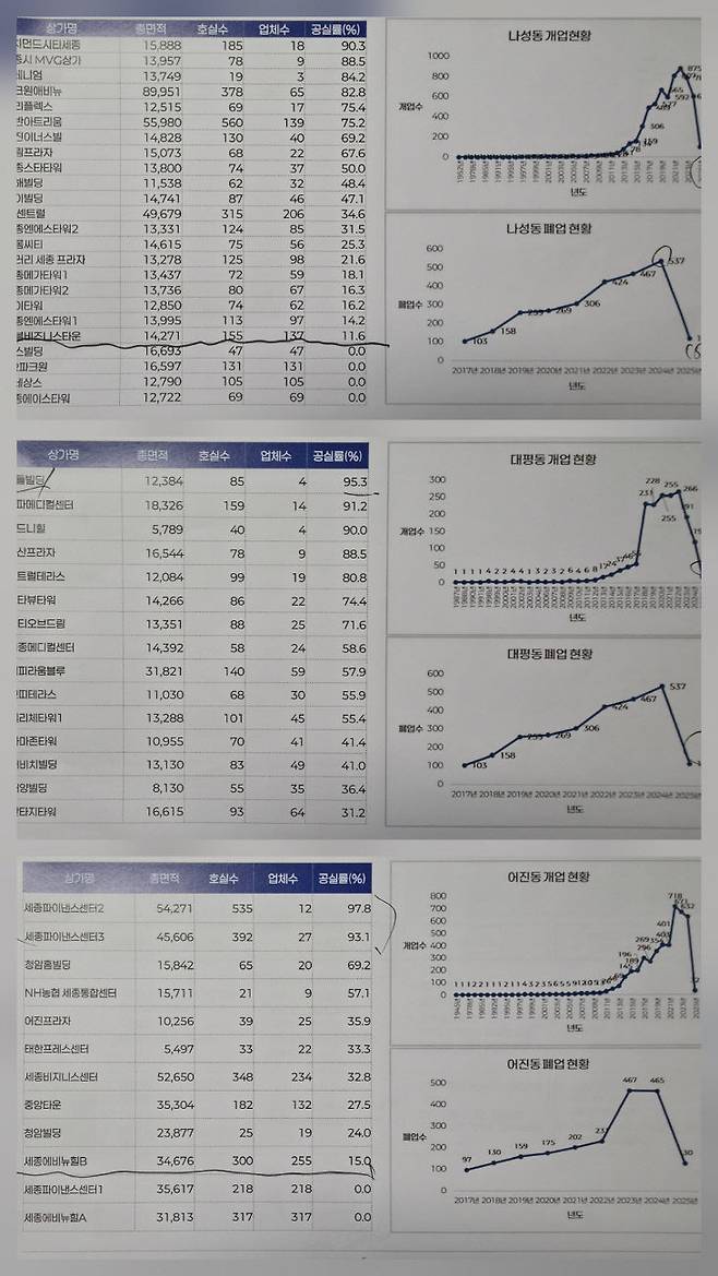 나성동-대평동-어진동의 주요 상업 건축물 공실 상황과 개·폐업 현황 추이. 사진=시의회 연구모임 제공.