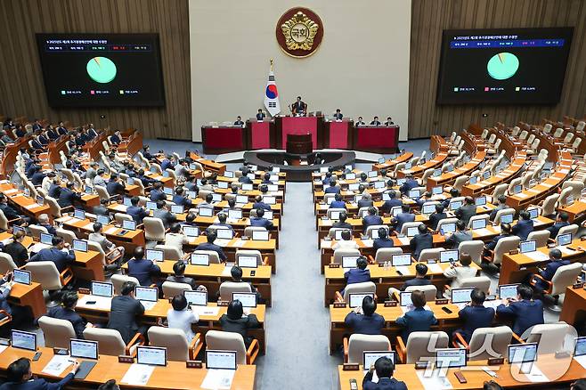 4일 오후 서울 여의도 국회에서 열린 제426회국회(임시회) 제5차 본회의에서 2025년도 제2회 추가경정예산안이 재적 298인, 재석 182인, 찬성 168인, 반대 3인, 기권 11인으로 통과되고 있다. 2025.7.4/뉴스1 ⓒ News1 안은나 기자