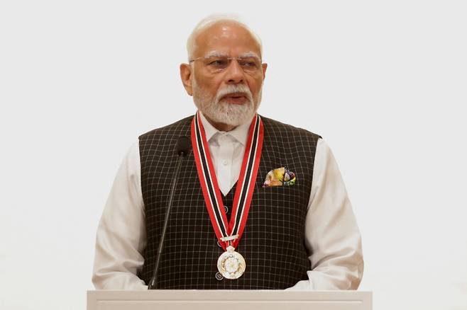 나렌드라 모디 인도 총리가 4일(현지시간) 트리니다드 토바고에서 연설 중인 모습./로이터=뉴스1
