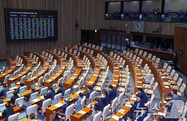 4일 오후 서울 여의도 국회에서 열린 제426회국회(임시회) 제5차 본회의에서 2025년도 제2회 추가경정예산안이 재적 298인, 재석 182인, 찬성 168인, 반대 3인, 기권 11인으로 통과되고 있다. 2025.7.4/뉴스1 ⓒ News1 안은나 기자