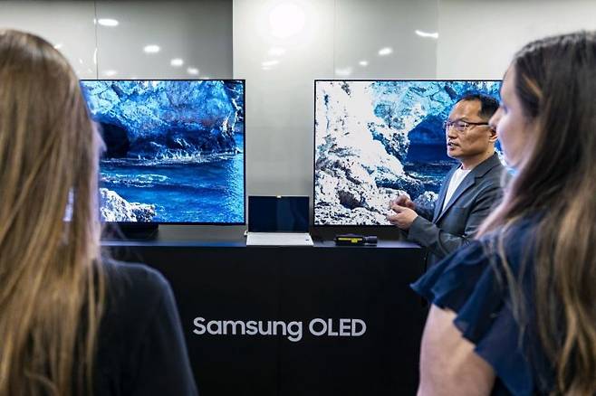 브라질 상파울루에서 지난달 열린 '2025 중남미 VD 세미나'에서 참석자들이 삼성전자 OLED TV의 화질 기술을 살펴보고 있다.