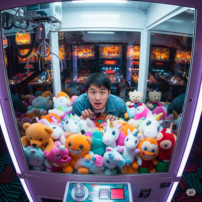 인형뽑기에 갇힌 사람. AI 이미지.
