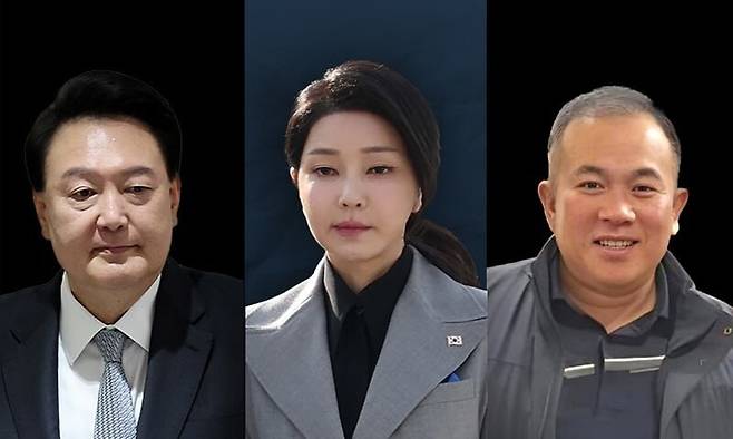 왼쪽부터 윤석열 전 대통령, 그의 부인 김건희씨, 명태균씨. 한겨레 자료사진