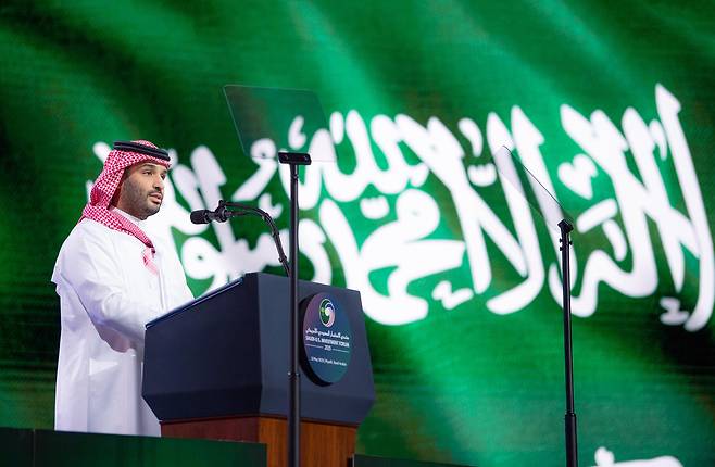 무함마드 빈 살만 사우디아라비아 왕세자가 지난 5월13일 사우디 리야드에서 열린 사우디·미국 투자포럼에서 연설하고 있다. UPI연합뉴스