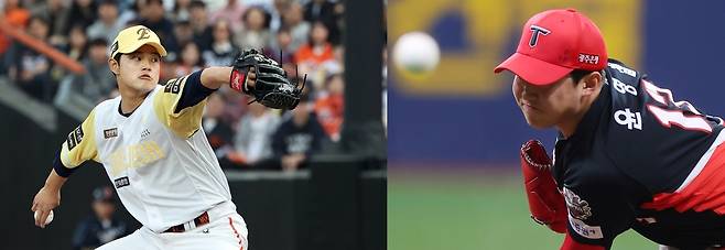 8일 대전에서 선발 맞대결을 펼치는 한화 문동주(왼쪽 사진)와 KIA 윤영철. 연합뉴스