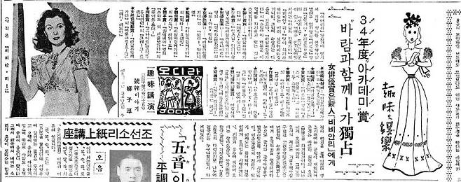 조선일보 1940년 4월 3일자 4면. 비비안 리가 여우주연상을 타는 등 영화 '바람과 함께 사라지다'가 독점했다고 전했다. 제목의 34년도는 오타로 보인다.