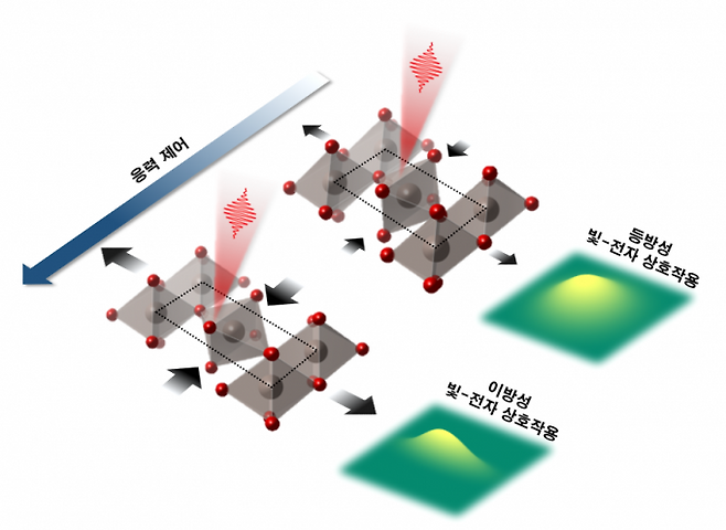 루테늄 산화물의 응력을 제어해 빛과 전자 상호작용 방식을 이방성으로 조절하는 과정을 설명한 그림. GIST 제공