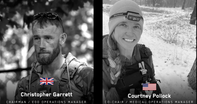 폭발물 처리(EOD) 및 응급 의료 자원봉사를 위한 국제 비영리단체 'Prevail Together'의 공동 설립자이자 연인인 크리스토퍼 개럿과 코트리 폴록. prevailtogether.org