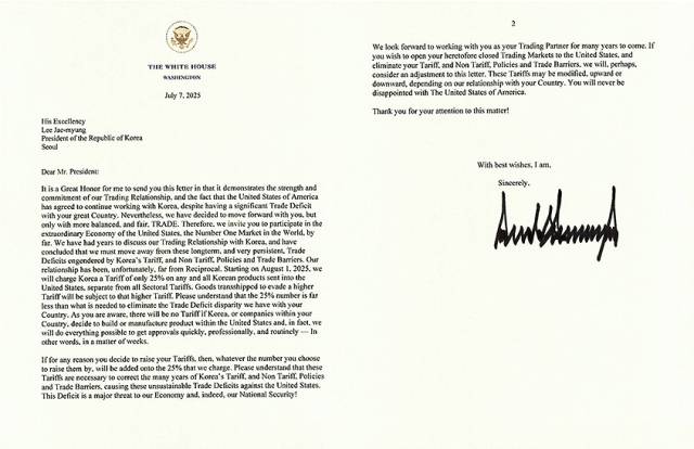 ▲ 7일(현지시간) 도널드 트럼프 미국 대통령이 사회관계망서비스(SNS)인 '트루스소셜' 본인 계정에 이재명 대통령에게 보내는 관세 관련 서한을 게재했다. ⓒ트루스소셜 트럼프 계정 갈무리.