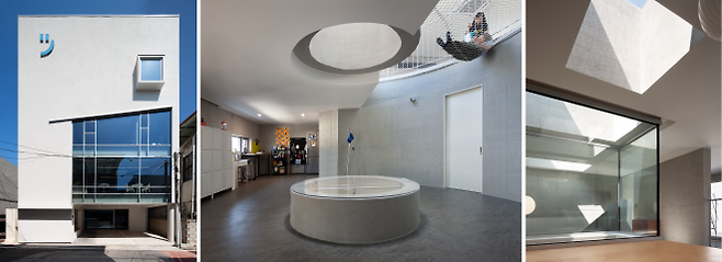 도시 질서 위에 건물을 앉히는 방법은 도시가 가진 시간과 공간의 결에 맞추는 일로 시작된다. 충북 청주에서 나고 자란 한 젊은이의 요청으로 설계한 건물은 겉은 단순한 박스 형태(왼쪽)지만 안은 중앙 원형 빛우물(가운데)과 네모난 빛우물(오른쪽)로 유기적인 연결을 시도했다. 박영채 제공