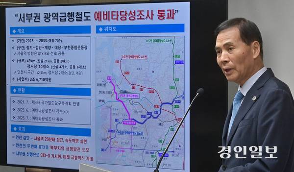 황효진 글로벌도시정무부시장이 10일 오후 인천시청 브리핑룸에서 서부권 광역급행철도 사업 예비타당성조사 통과와 관련해 기자회견을 하고 있다. 2025.7.10 /조재현기자 jhc@kyeongin.com