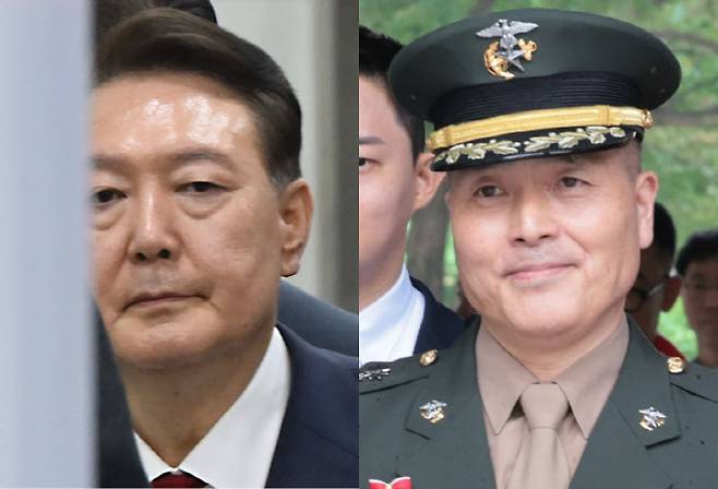 윤석열 전 대통령(왼쪽)과 박정훈 해병대 대령. (사진=연합뉴스)