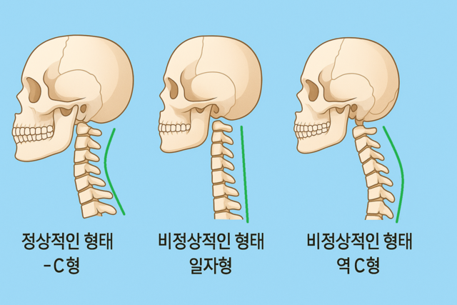 거북목 증후군 환자가 증가한 것이 2009년 스마트폰이 보급된 것과 무관하지 않다는 분석이 적지 않다. 왼쪽은 정상적인 형태, 가운데는 일자목, 오른쪽은 역C자형 목 형태. 챗GPT