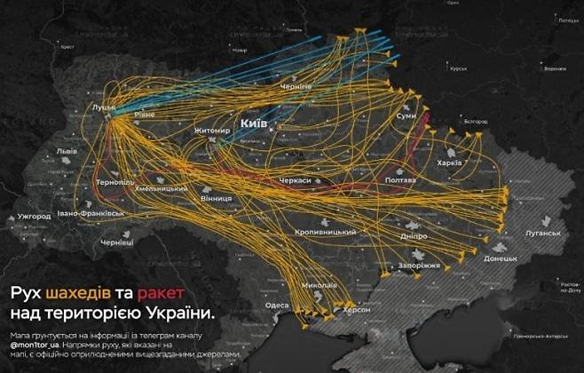 러시아가 8일 밤에서 9일 새벽 사이 드론 728대와 미사일 13살 등 총 741대의 공격 무기를 발사했다. 사진은 우크라이나 텔레그램 채널이 이날 사용된 러 공습 무기의 경로 등을 한눈에 표시한 지도.