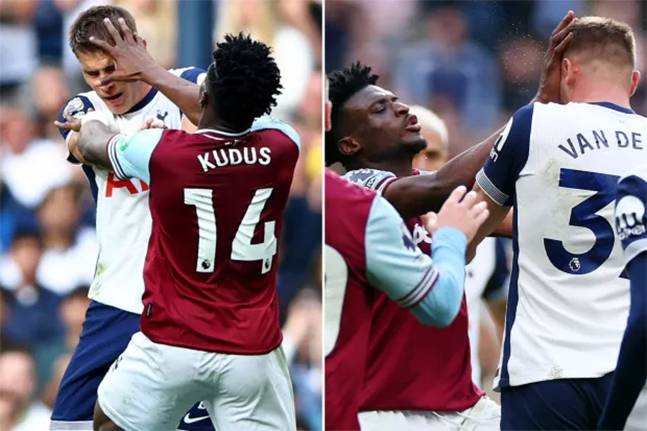 지난해 10월 영국 런던의 토트넘 홋스퍼 스타디움에서 열렸던 토트넘전 경기 후반부 미키 판더펜의 얼굴을 폭행했던 모하메드 쿠두스. 당시 쿠두스는 토트넘 미드필더 파페 사르에게도 같은 행동을 가했고, 퇴장에 따른 징계 포함 5경기 출장정지와 6만 파운드(약 1억 1300만원)의 중징계를 받았다. /사진=더선 홈페이지 캡처