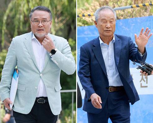 이일준(왼쪽) 삼부토건 회장과 조성옥 전 삼부토건 회장이 지난 10일 김건희 여사 관련 의혹을 수사 중인 민중기 특별검사팀의 조사를 받기 위해 서울 종로구 KT광화문빌딩 웨스트에 마련된 특검 사무실에 출석하고 있다. (사진=연합뉴스)