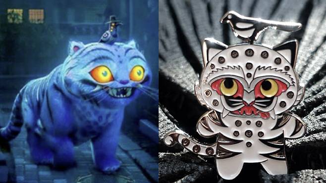 (왼쪽부터) 케이팝 데몬 헌터스에 등장하는 호랑이 ‘더피’와 까치 ‘서씨’. 국립중앙박물관 ‘까치 호랑이 배지’. (사진=넷플릭스 홈페이지 캡처, 국립중앙박물관 홈페이지 캡처)