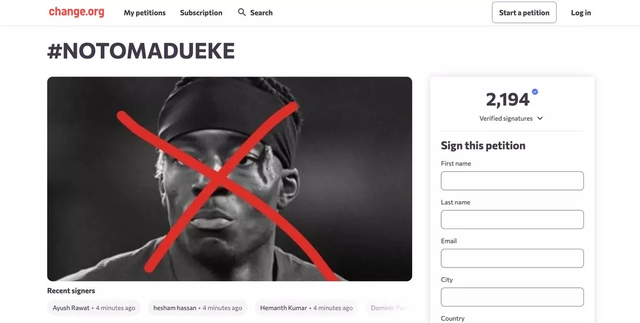 아스널 팬들의 마두에케 반대 청원 ⓒChange.org 캡쳐