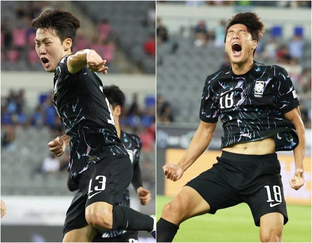 11일 동아시안컵 홍콩전 득점 뒤 기뻐하는 강상윤(왼쪽)과 이호재. 연합뉴스