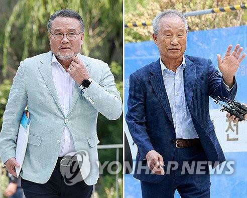 김건희특검, 삼부토건 전·현직 회장 줄소환 (서울=연합뉴스) 신현우 기자 = 이일준 삼부토건 회장(왼쪽)과 조성옥 전 삼부토건 회장이 10일 김건희 여사 관련 의혹을 수사 중인 민중기 특별검사팀의 조사를 받기 위해 서울 종로구 KT광화문빌딩 웨스트에 마련된 특검 사무실에 출석하고 있다. 2025.7.10 nowwego@yna.co.kr