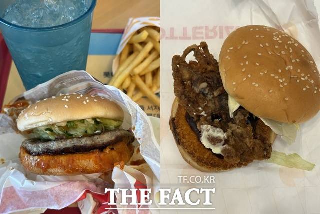 롯데리아가 최근 '김치불고기버거'(왼쪽)와 '오징어 얼라이브 버거'를 출시했다. /문화영 기자