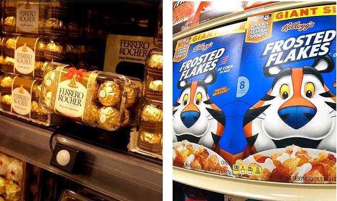 이탈리아 최대 식품기업인 페레로의 대표 초콜릿 상품 ‘페레로 로쉐’(왼쪽 사진)와 아침 시리얼 시장을 개척한 미국 WK켈로그의 대표 상품 ‘프로스티드 플레이크’가 슈퍼마켓에 진열돼 있다. 페레로는 10일(현지 시간) WK켈로그를 약 31억 달러(약 4조2600억 원)에 인수한다고 발표했다. 사진 출처 소셜미디어·홈스테드=AP 뉴시스