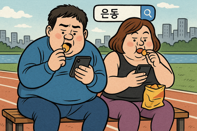 '운동'의 오타인 '은동'이란 키워드를 스마트폰에서 검색하고 있는 운동복 차림 남녀 모습을 인공지능(AI)으로 생성한 이미지. 챗GPT달리 4.0 이미지 생성