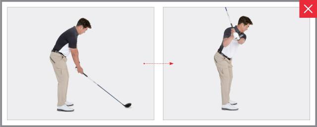 등이 굽으면 백스윙 회전이 원활하게 이뤄지지 않는다.