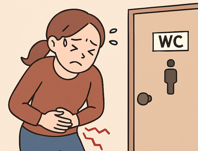 배를 부여잡고 화장실 앞에서 고민하는 사람