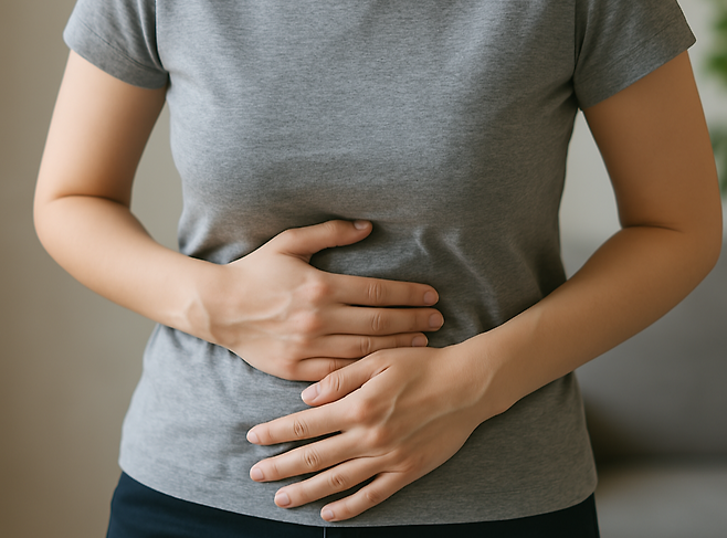 배를 잡은 양손