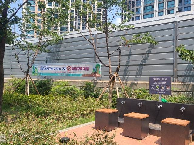 경부고속철도변 완충녹지구역 327m 구간 내 계도 현수막이 붙은 모습. 대구 중구청 제공.
