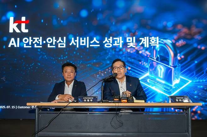 KT AX혁신지원본부장 이병무 상무(왼쪽부터)와 KT 정보보안실장 황태선 상무가 브리핑에서 기자단 Q&A를 받고 있다.ⓒKT