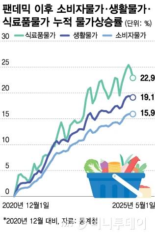 팬데믹 이후 소비자물가·생활물가·식료품물가 누적 물가상승률/그래픽=김다나