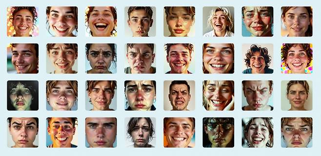 방송통신위원회·한국지능정보사회진흥원(NIA)이 진행하는 중학생 대상 디지털 윤리교육 시간에 활용된 32장의 얼굴 사진. 학생들은 이 사진들 중 '행복한 표정'과 '행복하지 않은 표정'을 분류하고 이 결과가 AI(인공지능)의 판단과 어떻게 같고 다른지, 왜 그런지를 배웠다. / 자료=방통위, NIA