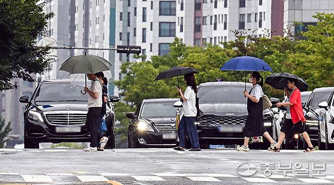 수원시청 인근에서 시민들이 우산을 쓰고 횡단보도를 건너고 있다. 임채운기자