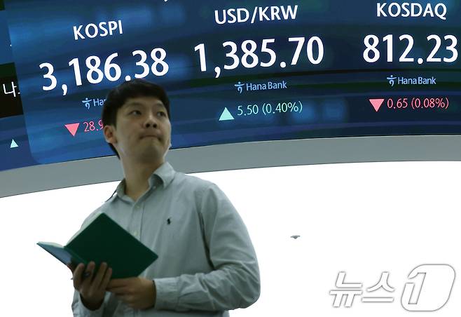 서울 중구 하나은행 본점 딜링룸 전광판./뉴스1 ⓒ News1 오대일 기자