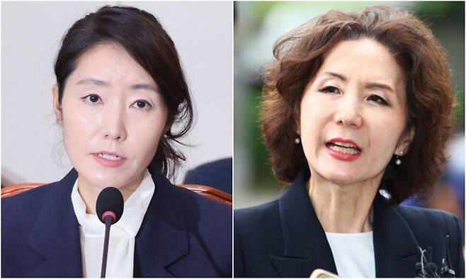 강선우 여성가족부 장관 후보자(왼쪽)와 이진숙 부총리 겸 교육부 장관 후보자. 김영원 기자 forever@hani.co.kr, 연합뉴스