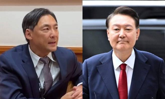 모스 탄 미국 리버티대학 교수(왼쪽)와 지난 9일 서울 서초구 서울중앙지방법원에서 구속 전 피의자심문(영장실질심사)을 받기 위해 출석하고 있는 윤석열 전 대통령. 전한길 뉴스 유튜브 갈무리, 사진공동취재단