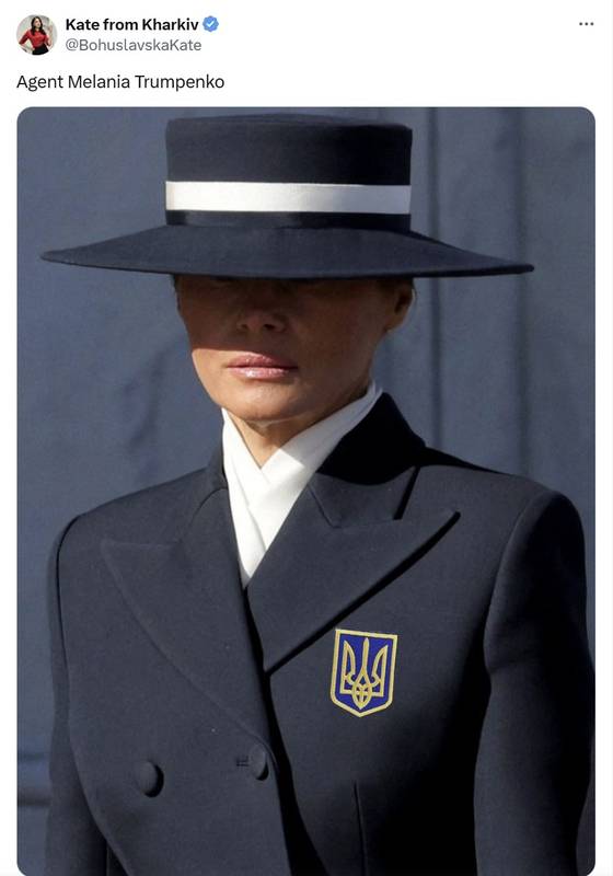 멜라니아의 사진 속에 우크라이나의 상징인 삼지창을 합성한 소셜미디어 게시물. 사진 X 캡처