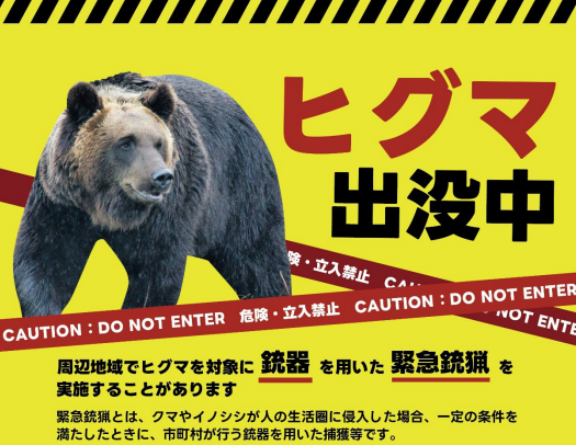 일본 정부가 이달 제작, 배포한 곰·멧돼지 상대 총기 사용 가이드라인에 ‘곰 출몰 중’이란 문구가 적힌 경고 전단지가 포함돼 있다. 일본 환경성 제공