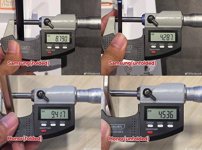 온라인 커뮤니티 '레딧'에 게시된 갤럭시 Z 폴드7과 아너 매직 V5의 두께 실측정 결과. 측정 결과 폴드7은 접었을 때 8.79㎜, 폈을 때 4.28㎜로 공식 제원과 큰 차이가 없었으나, 매직 V5는 접었을 때 9.41㎜, 폈을 때 4.5㎜로 아너가 공개한 제원보다 더 두껍다. (사진=레딧 캡처) *재판매 및 DB 금지