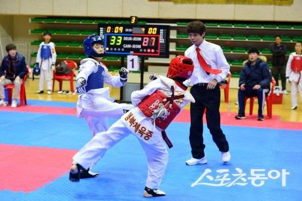 ‘제21회 계명대학교 총장배 전국태권도대회’ 당시 선수들이 경합하고 있는 모습. 사진제공ㅣ영주시